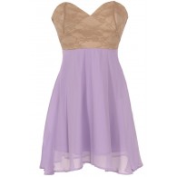 Strapless Floral Lace Bustier Dress in Lavender/Taupe